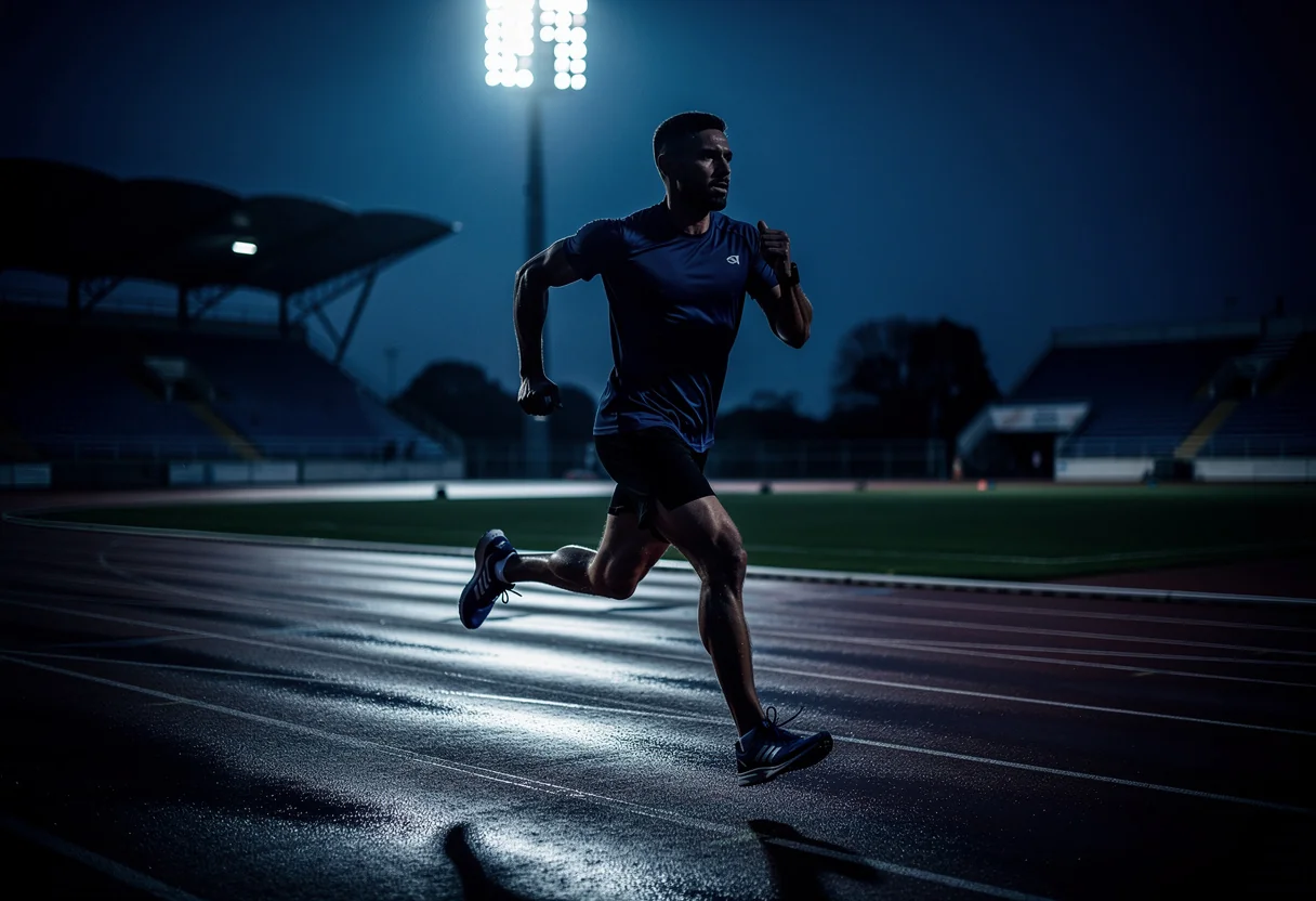 Coureur à l'entraînement sur une piste d'athlétisme au crépuscule