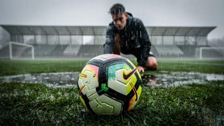 Ballon de foot texturé sur terrain mouillé sous la pluie pour s'entraîner sans se ruiner
